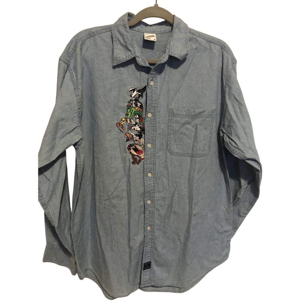 Warner Bros Studio Store Men's Denim Shirt Size M Tweety Bird "That's All Folks"